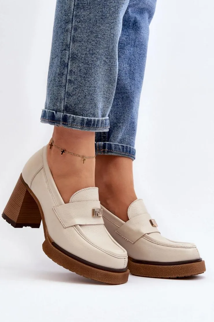 Zazoo Półbuty Lakierowane|Półbuty Skórzane*20169 Skórzane Półbuty Na Obcasie Beżowe