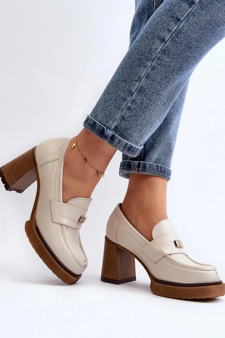 Zazoo Półbuty Lakierowane|Półbuty Skórzane*20169 Skórzane Półbuty Na Obcasie Beżowe