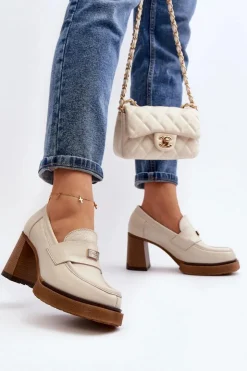 Zazoo Półbuty Lakierowane|Półbuty Skórzane*20169 Skórzane Półbuty Na Obcasie Beżowe