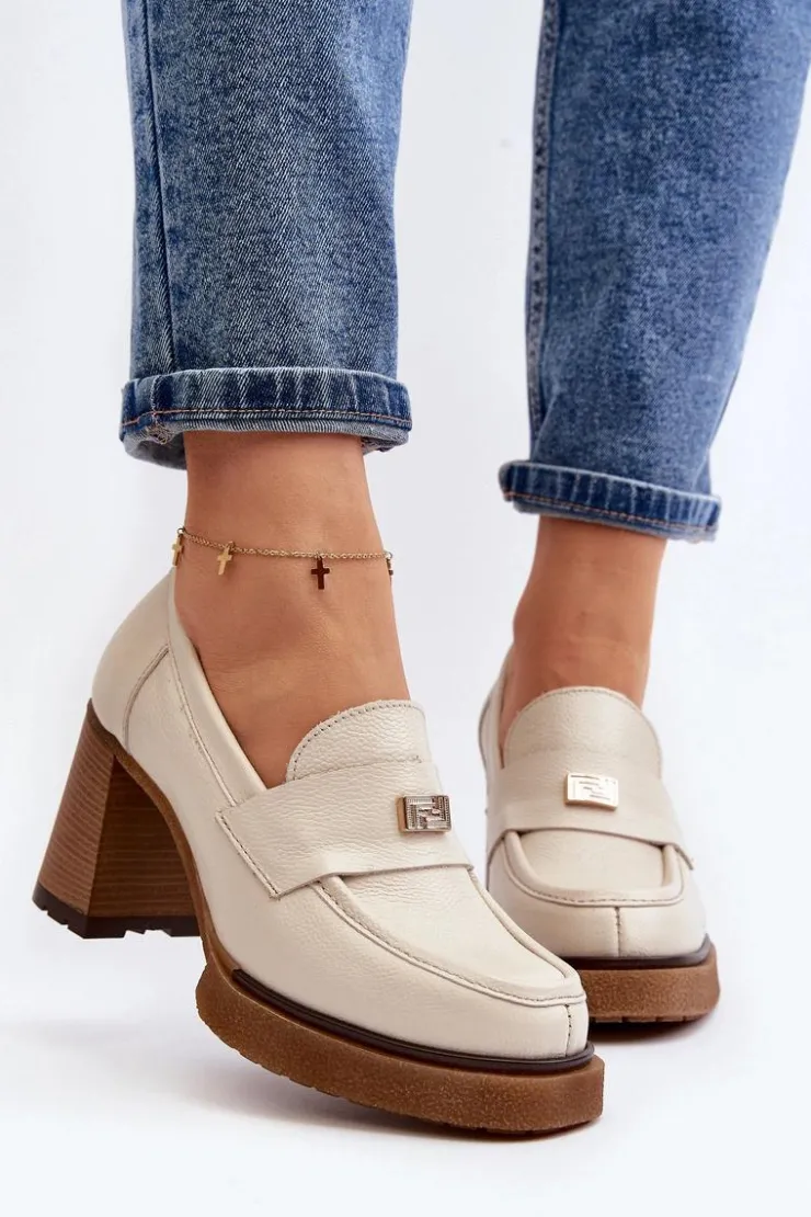 Zazoo Półbuty Lakierowane|Półbuty Skórzane*20169 Skórzane Półbuty Na Obcasie Beżowe