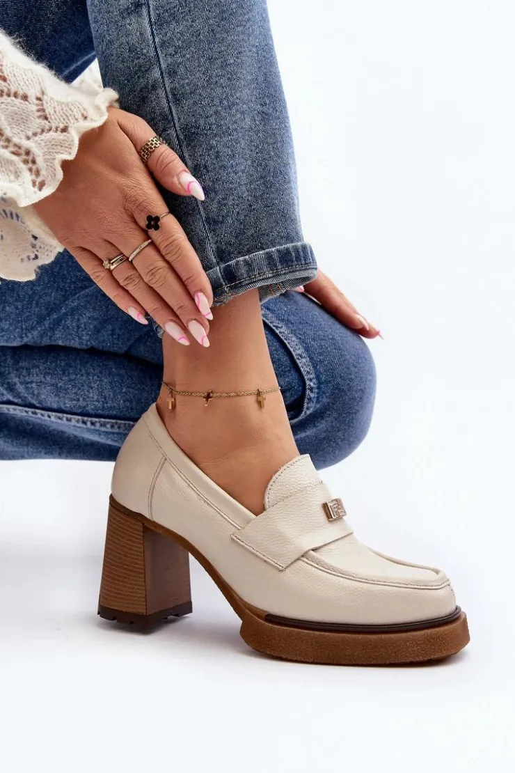 Zazoo Półbuty Lakierowane|Półbuty Skórzane*20169 Skórzane Półbuty Na Obcasie Beżowe