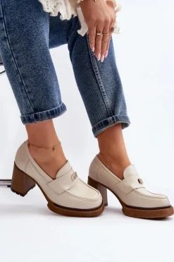 Zazoo Półbuty Lakierowane|Półbuty Skórzane*20169 Skórzane Półbuty Na Obcasie Beżowe