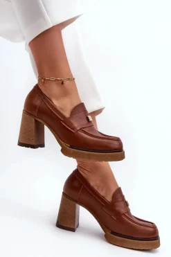 Zazoo Półbuty Skórzane*20169 Skórzane Półbuty Na Obcasie Brązowe