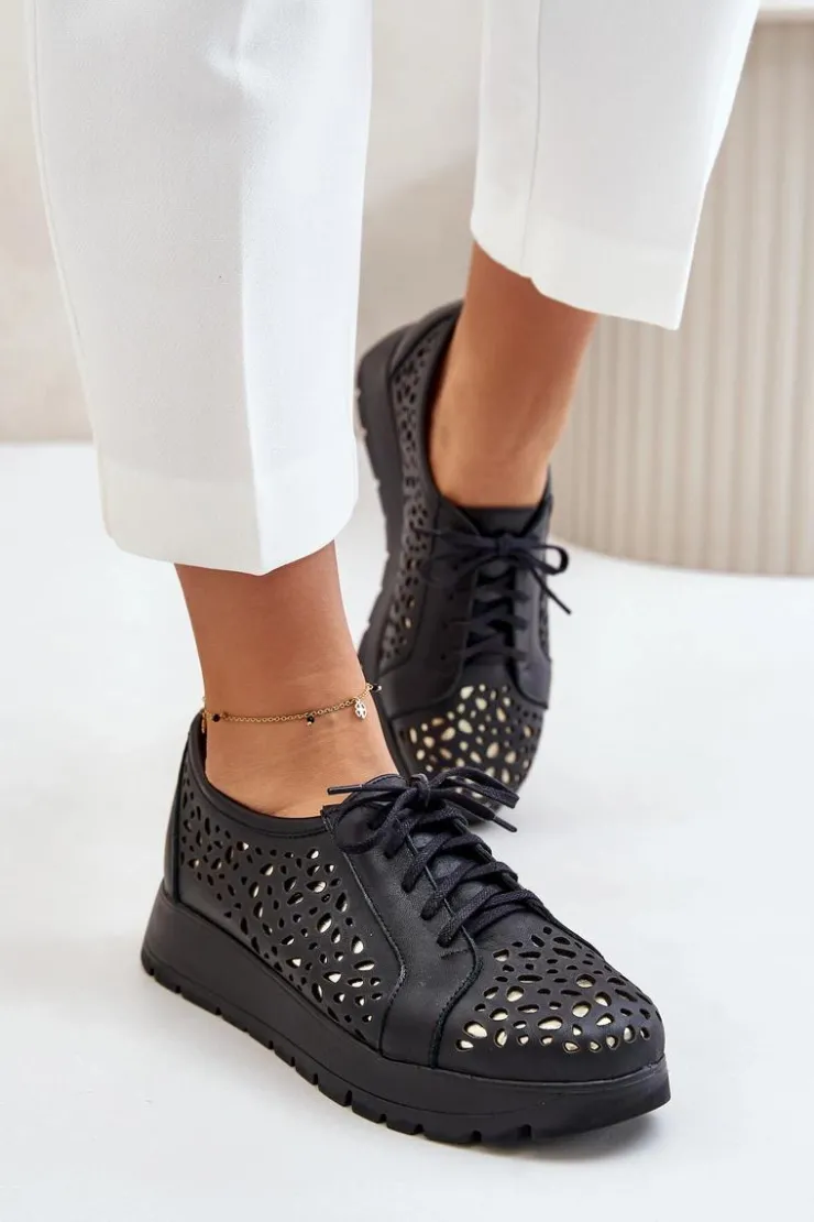 Best Zazoo 2973 Skórzane Półbuty Na Platformie Z Ażurowym Wzorem Czarne Czarny