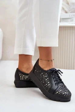 Best Zazoo 2973 Skórzane Półbuty Na Platformie Z Ażurowym Wzorem Czarne Czarny