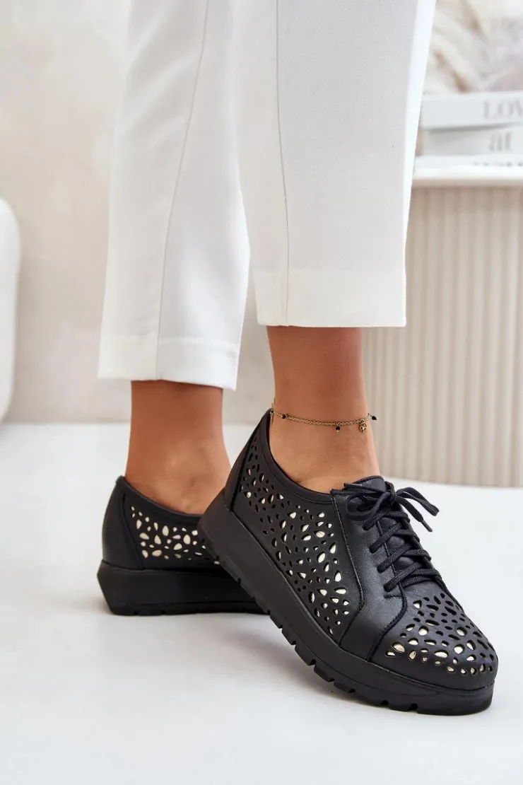Best Zazoo 2973 Skórzane Półbuty Na Platformie Z Ażurowym Wzorem Czarne Czarny