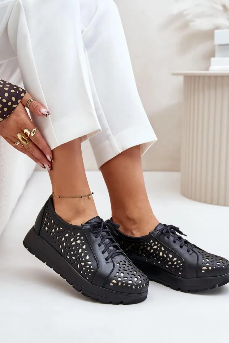 Best Zazoo 2973 Skórzane Półbuty Na Platformie Z Ażurowym Wzorem Czarne Czarny