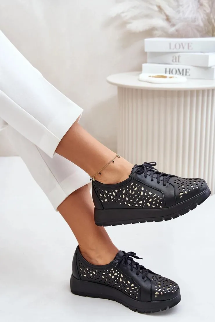 Best Zazoo 2973 Skórzane Półbuty Na Platformie Z Ażurowym Wzorem Czarne Czarny
