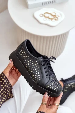 Best Zazoo 2973 Skórzane Półbuty Na Platformie Z Ażurowym Wzorem Czarne Czarny