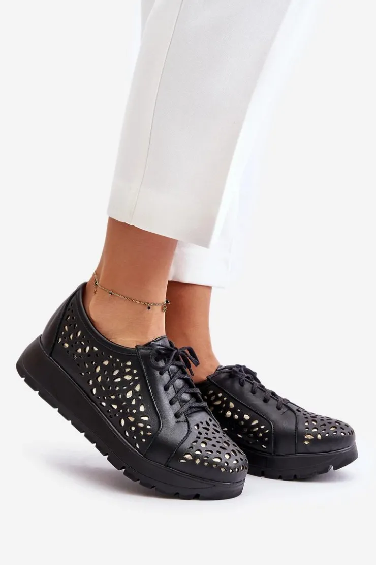 Best Zazoo 2973 Skórzane Półbuty Na Platformie Z Ażurowym Wzorem Czarne Czarny