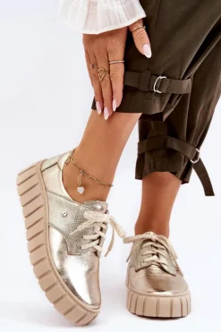 Damskie Zazoo 10128 Skórzane Półbuty Na Platformie Złote