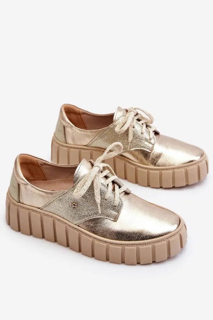 Damskie Zazoo 10128 Skórzane Półbuty Na Platformie Złote