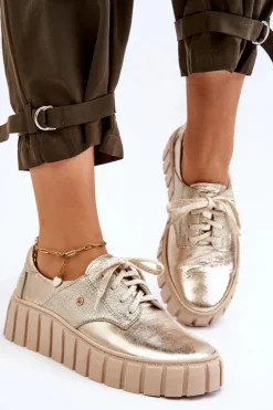 Damskie Zazoo 10128 Skórzane Półbuty Na Platformie Złote