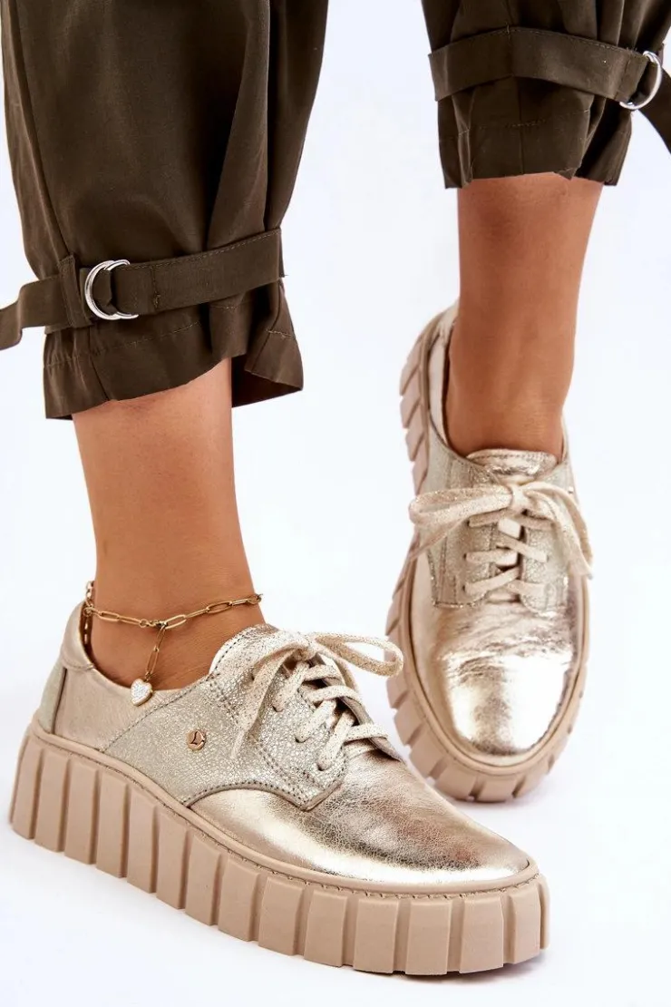 Damskie Zazoo 10128 Skórzane Półbuty Na Platformie Złote