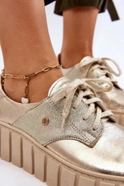 Damskie Zazoo 10128 Skórzane Półbuty Na Platformie Złote