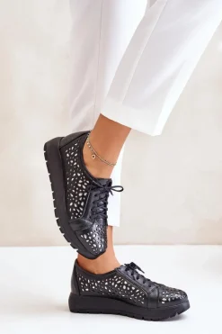 Damskie Zazoo 2973 Skórzane Półbuty Na Platformie Z Ażurowym Wzorem Czarne