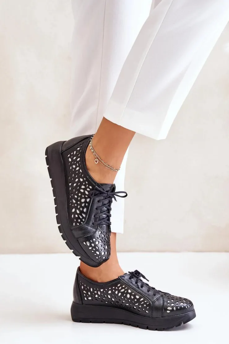 Damskie Zazoo 2973 Skórzane Półbuty Na Platformie Z Ażurowym Wzorem Czarne