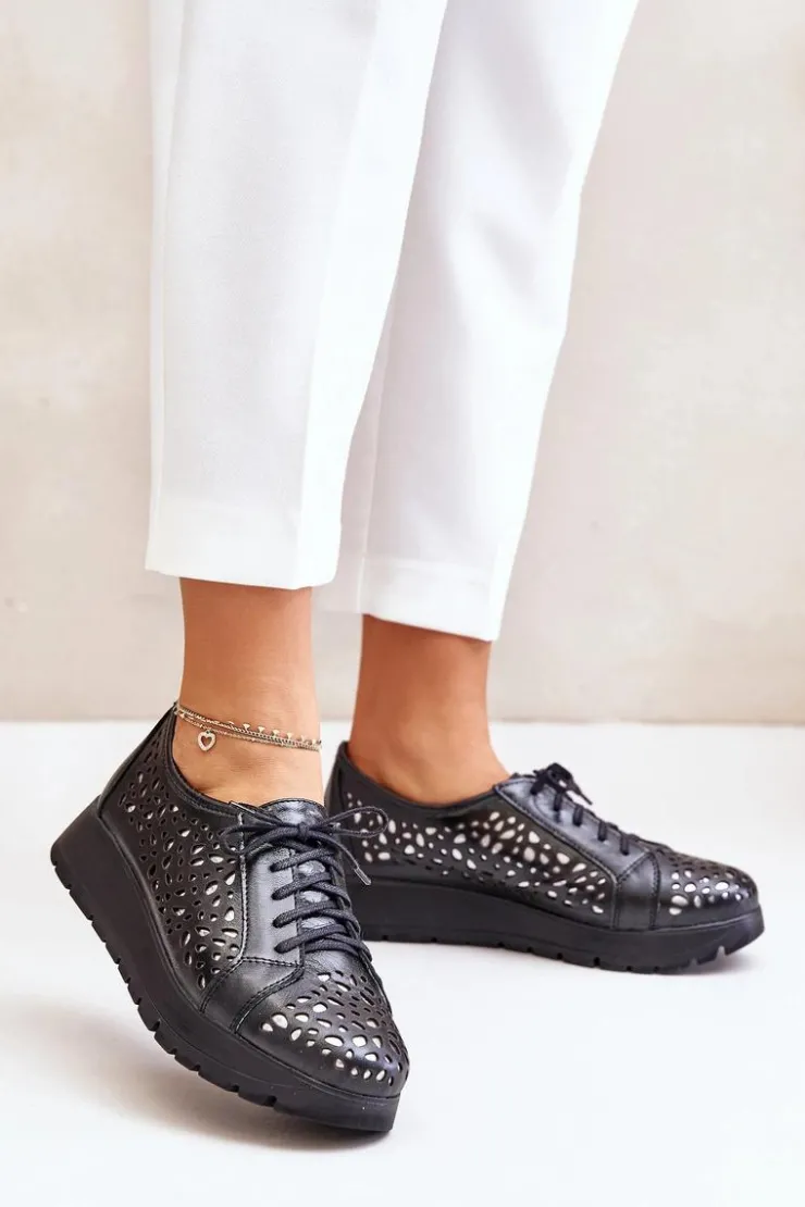 Damskie Zazoo 2973 Skórzane Półbuty Na Platformie Z Ażurowym Wzorem Czarne