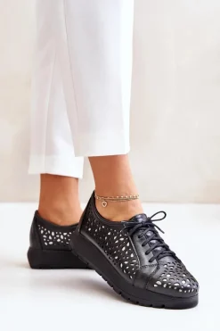 Damskie Zazoo 2973 Skórzane Półbuty Na Platformie Z Ażurowym Wzorem Czarne