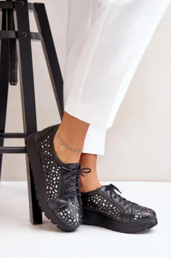 Damskie Zazoo 2973 Skórzane Półbuty Na Platformie Z Ażurowym Wzorem Czarne
