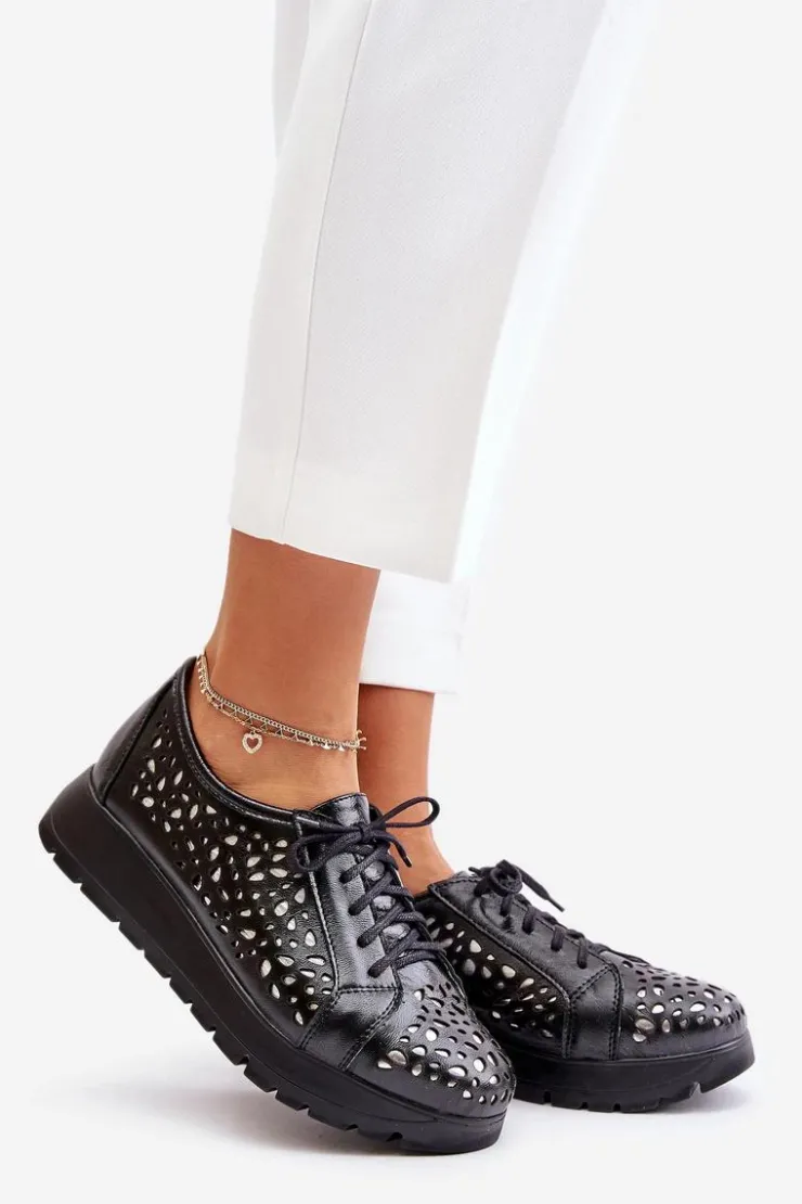 Damskie Zazoo 2973 Skórzane Półbuty Na Platformie Z Ażurowym Wzorem Czarne