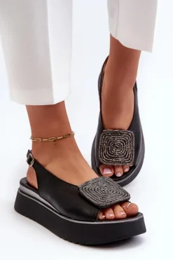 Zazoo Sandały Płaskie*1786 Skórzane Sandały Damskie Na Platformie Z Ozdobą Czarne