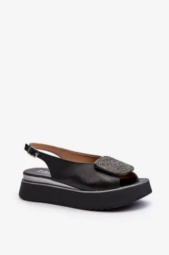 Zazoo Sandały Płaskie*1786 Skórzane Sandały Damskie Na Platformie Z Ozdobą Czarne