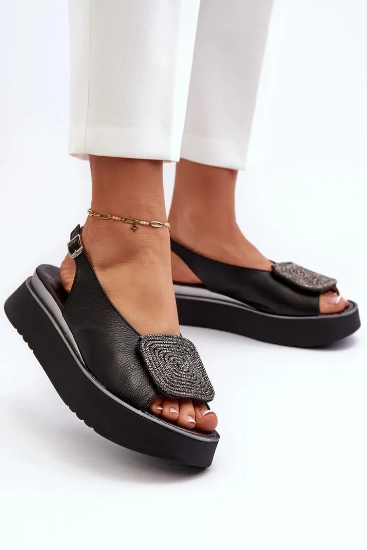 Zazoo Sandały Płaskie*1786 Skórzane Sandały Damskie Na Platformie Z Ozdobą Czarne