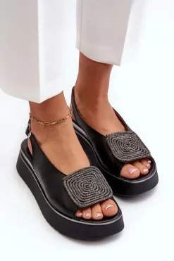 Zazoo Sandały Płaskie*1786 Skórzane Sandały Damskie Na Platformie Z Ozdobą Czarne