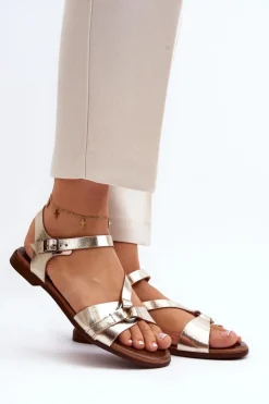 Zazoo Sandały Płaskie*40182 Skórzane Sandały Damskie Złote Złoty