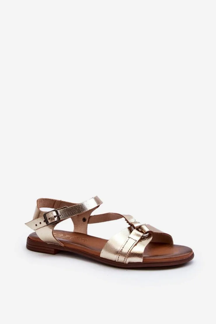 Zazoo Sandały Płaskie*40182 Skórzane Sandały Damskie Złote Złoty