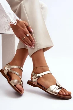 Zazoo Sandały Płaskie*40182 Skórzane Sandały Damskie Złote Złoty