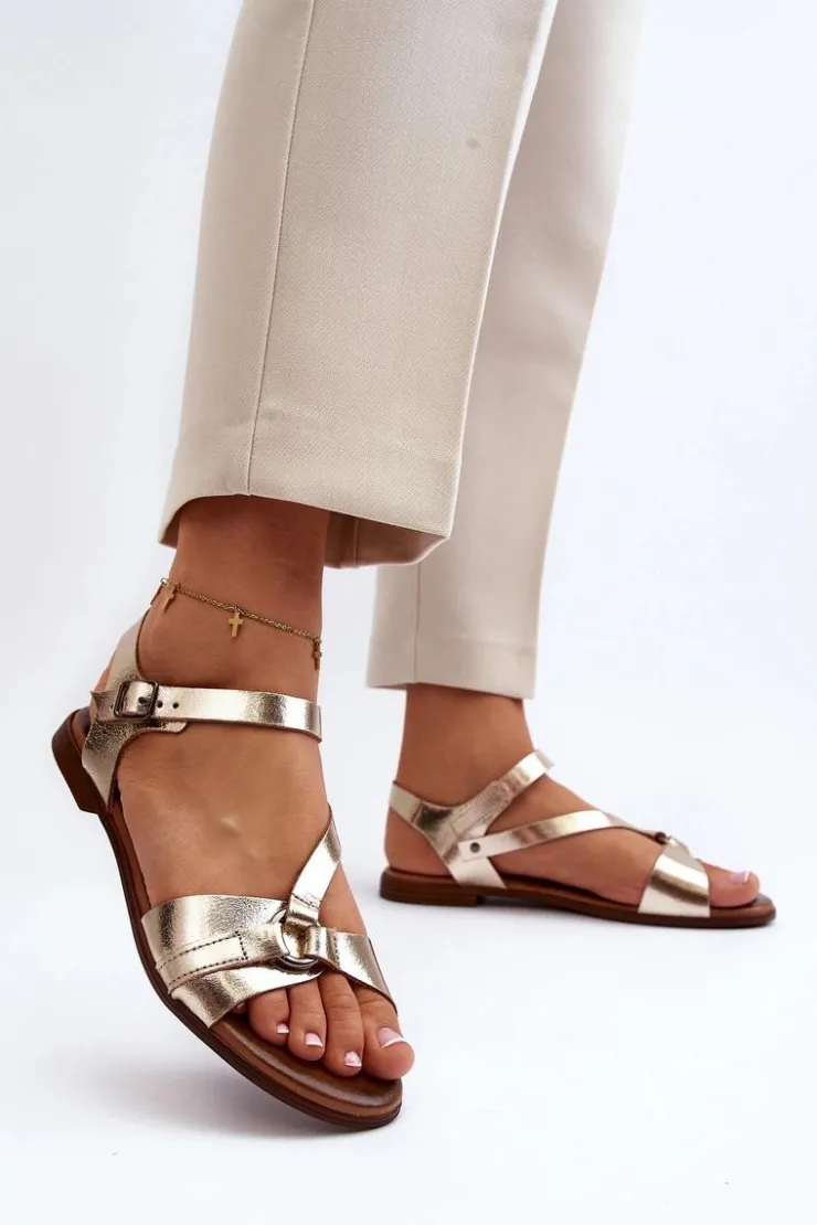 Zazoo Sandały Płaskie*40182 Skórzane Sandały Damskie Złote Złoty