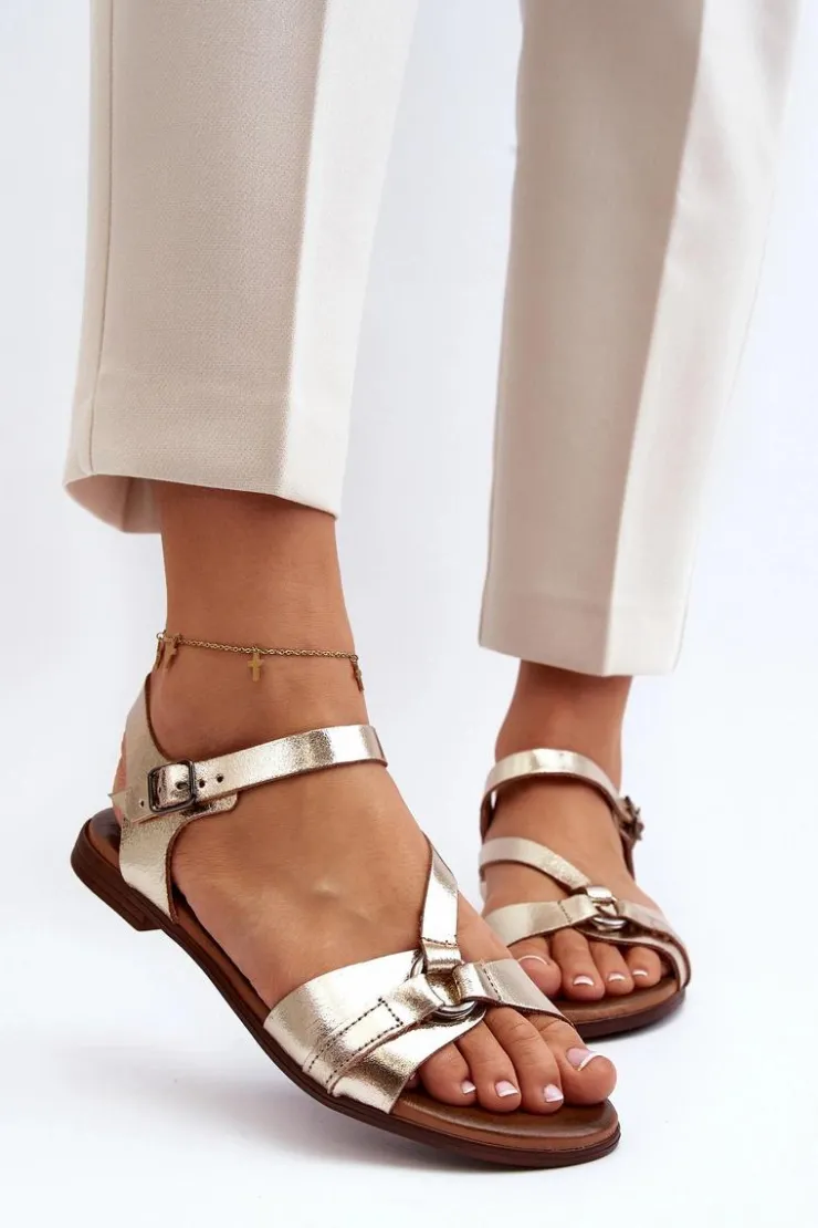 Zazoo Sandały Płaskie*40182 Skórzane Sandały Damskie Złote Złoty