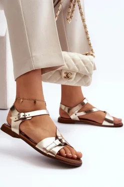 Zazoo Sandały Płaskie*40182 Skórzane Sandały Damskie Złote Złoty