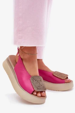 Outlet Zazoo 1786 Skórzane Sandały Damskie Na Platformie Z Ozdobą Fuksja