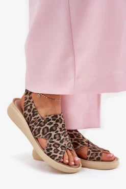 Zazoo Sandały Na Obcasie|Sandały Na Koturnie*40392 Skórzane Sandały Damskie Panterka Brązowe Brązowy