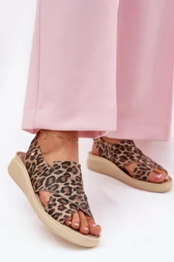 Zazoo Sandały Na Obcasie|Sandały Na Koturnie*40392 Skórzane Sandały Damskie Panterka Brązowe Brązowy