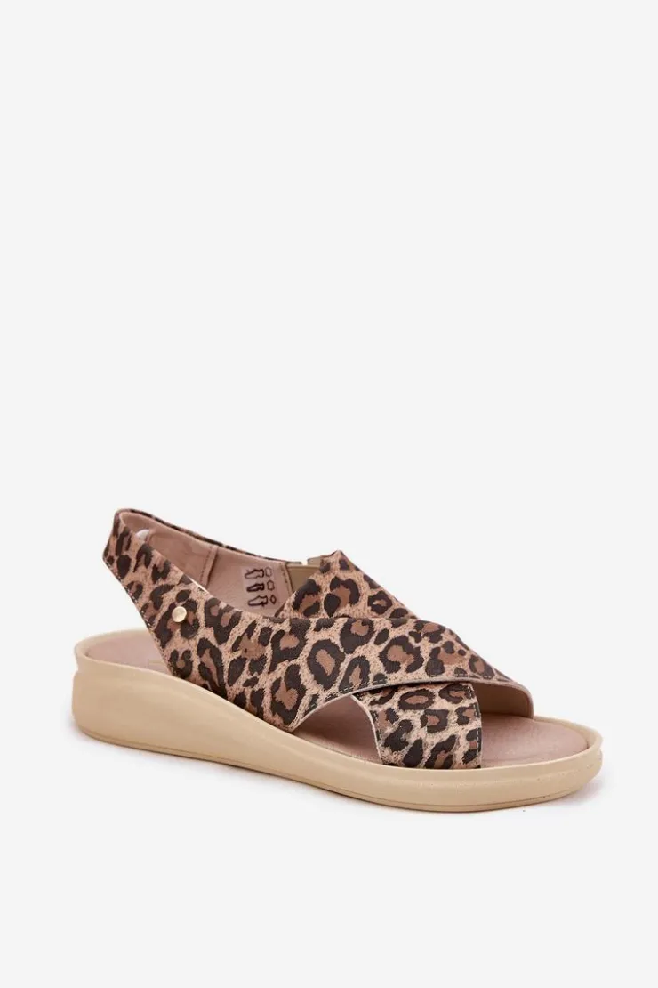 Zazoo Sandały Na Obcasie|Sandały Na Koturnie*40392 Skórzane Sandały Damskie Panterka Brązowe Brązowy