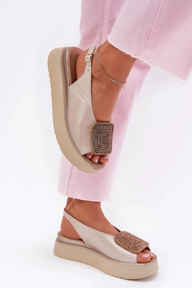 Damskie Zazoo 1786 Skórzane Sandały Damskie Na Platformie Z Ozdobą Perłowy Beż