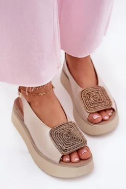 Damskie Zazoo 1786 Skórzane Sandały Damskie Na Platformie Z Ozdobą Perłowy Beż