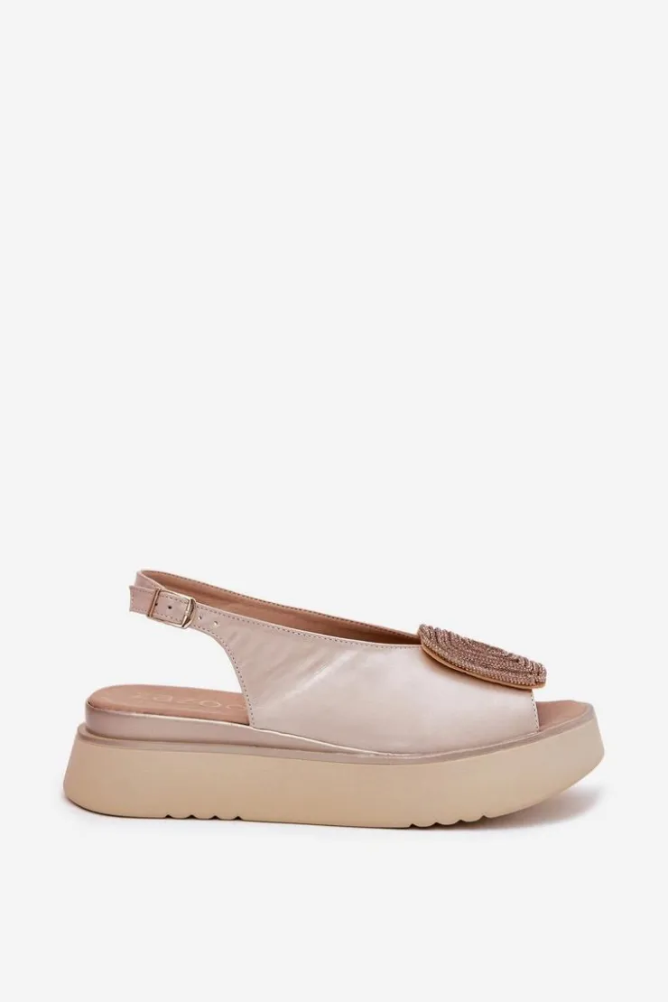 Damskie Zazoo 1786 Skórzane Sandały Damskie Na Platformie Z Ozdobą Perłowy Beż