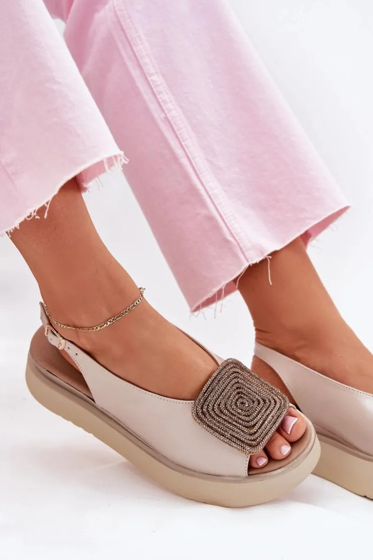 Damskie Zazoo 1786 Skórzane Sandały Damskie Na Platformie Z Ozdobą Perłowy Beż