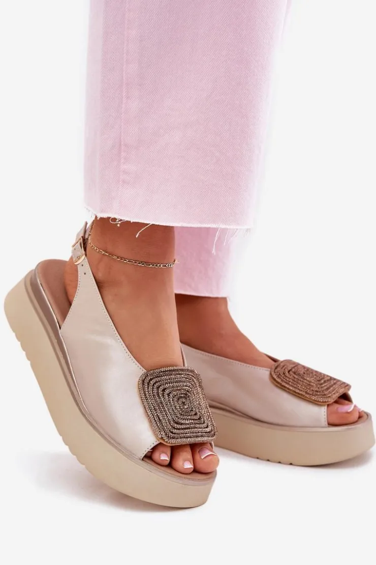 Damskie Zazoo 1786 Skórzane Sandały Damskie Na Platformie Z Ozdobą Perłowy Beż