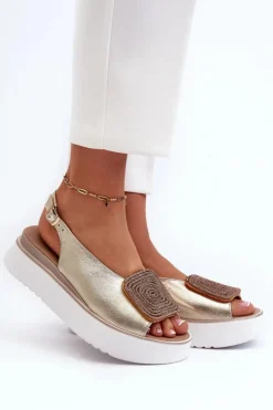 Damskie Zazoo 1786 Skórzane Sandały Damskie Na Platformie Z Ozdobą Złote