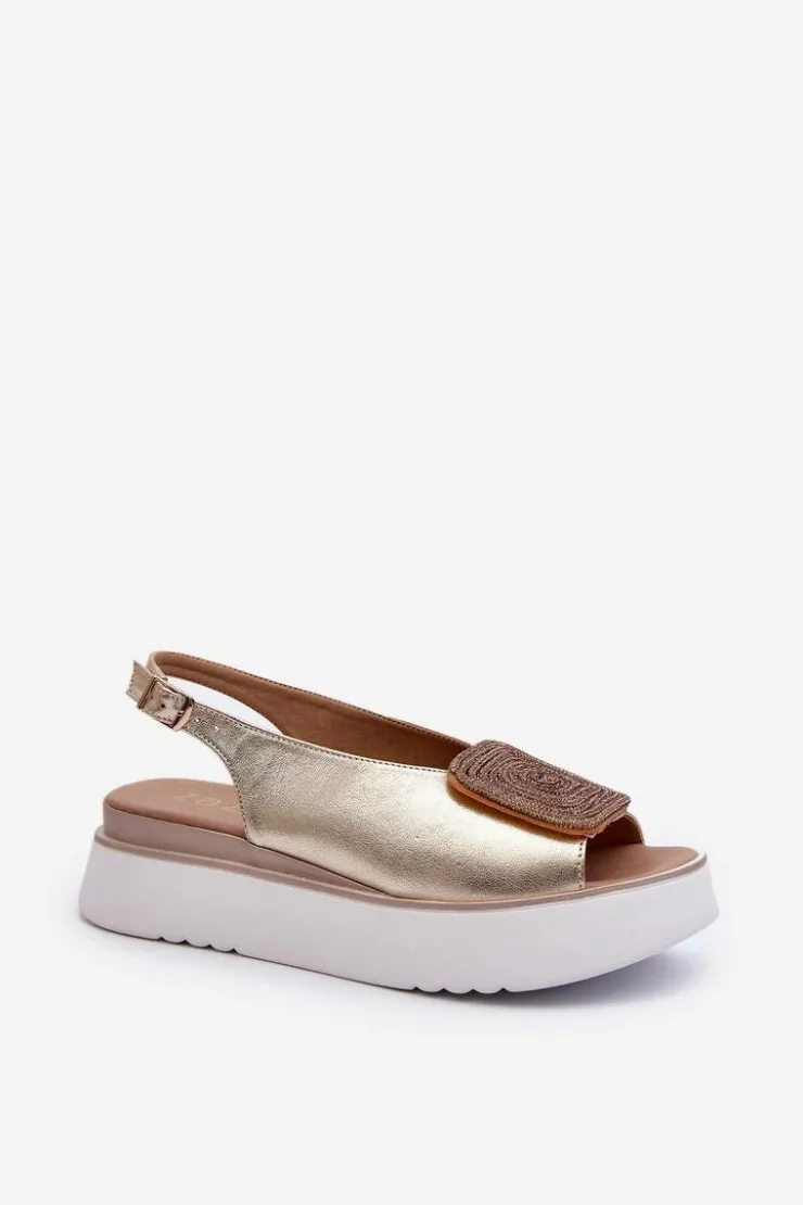 Damskie Zazoo 1786 Skórzane Sandały Damskie Na Platformie Z Ozdobą Złote