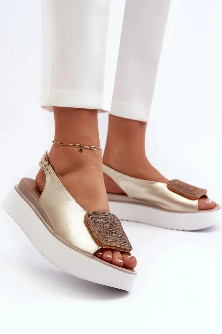 Damskie Zazoo 1786 Skórzane Sandały Damskie Na Platformie Z Ozdobą Złote