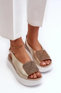 Damskie Zazoo 1786 Skórzane Sandały Damskie Na Platformie Z Ozdobą Złote