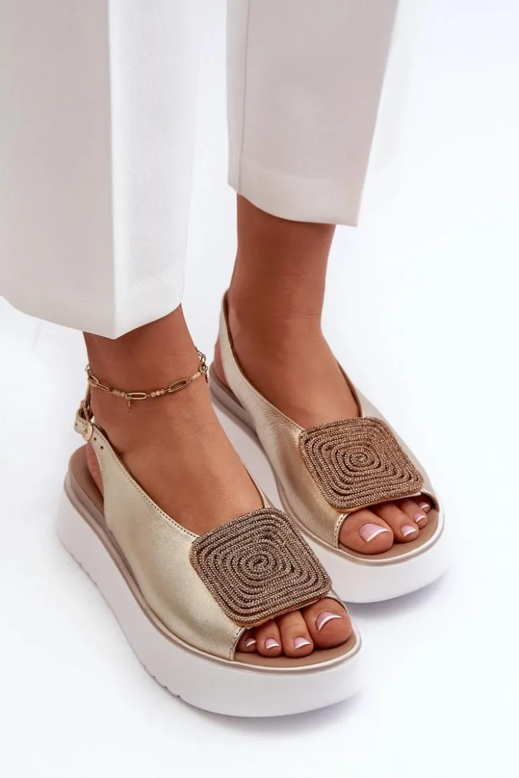 Damskie Zazoo 1786 Skórzane Sandały Damskie Na Platformie Z Ozdobą Złote