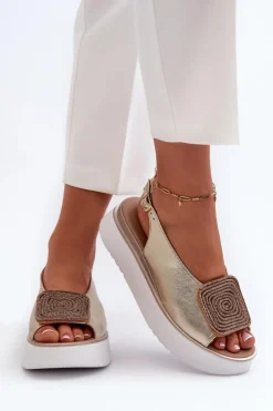 Damskie Zazoo 1786 Skórzane Sandały Damskie Na Platformie Z Ozdobą Złote